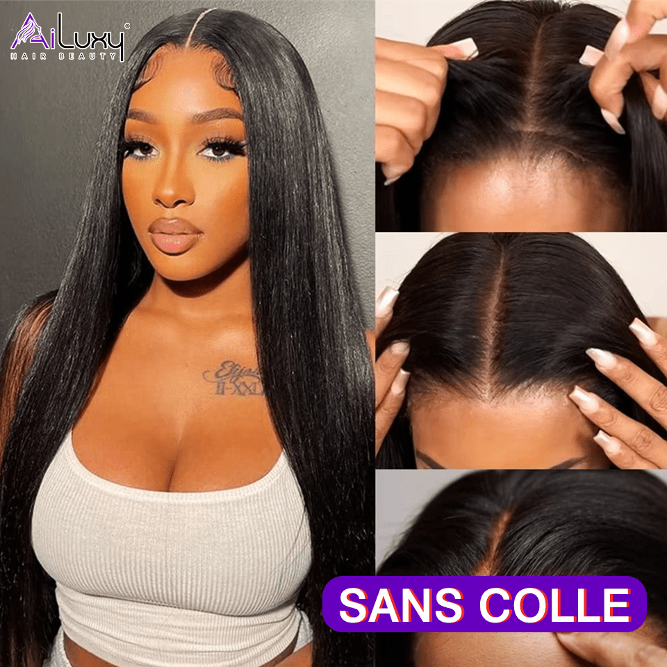 AILUXY Perruque Sans Colle 200%Densité 4X4 Lace Frontal Lisse Perruque  200% densité Vrais Cheveux Humains