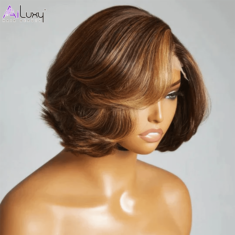 AILUXY 13x4 Lace Frontal Perruque Lisse Courte Bob Perruque 200% Densité P4/27#