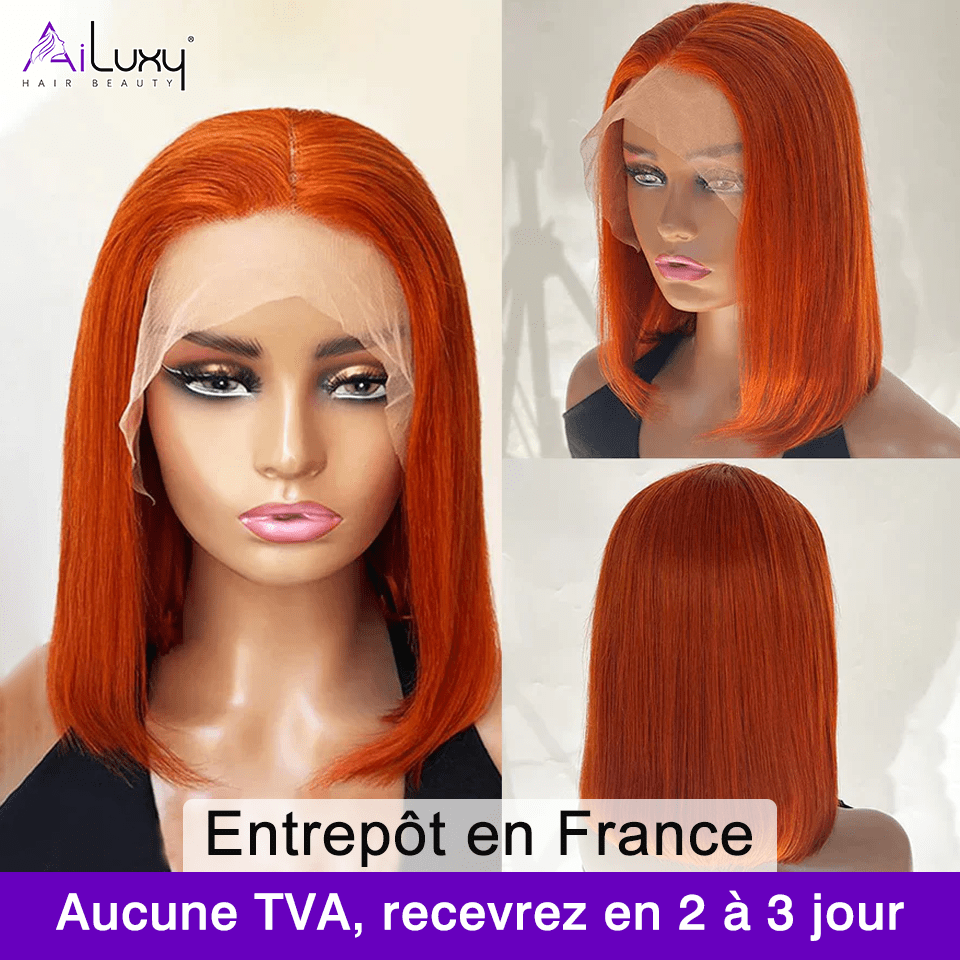 AILUXY 13x4 Lace Frontal Perruque Lisse Courte Orange Bob Perruque 200% Densité 100% Cheveux Humains