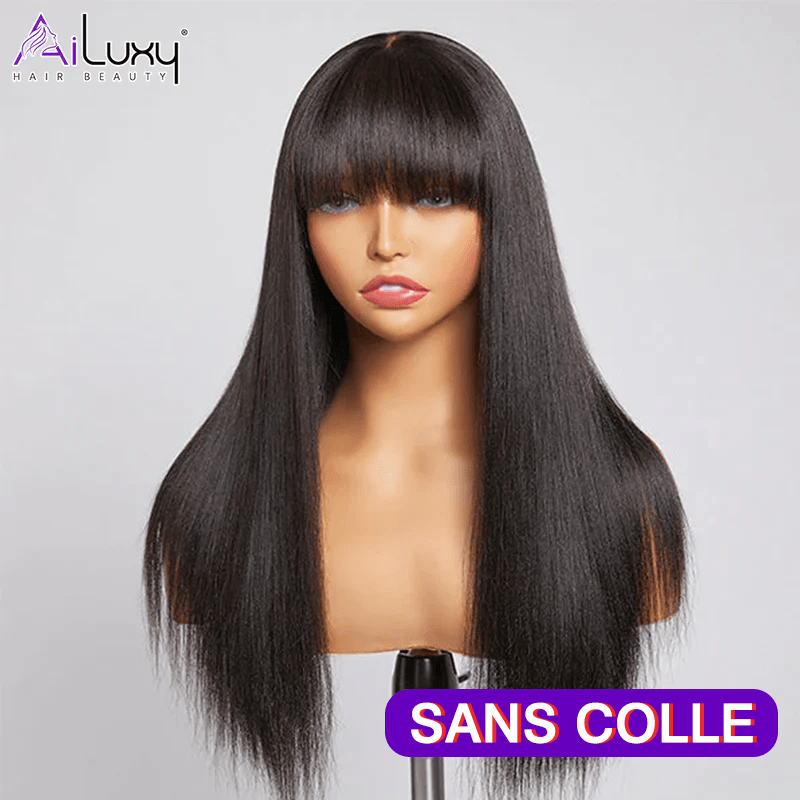 AILUXY Perruque 100% fabriqué à la machine Lisse Longue Noir Perruque 100% Cheveux Humains