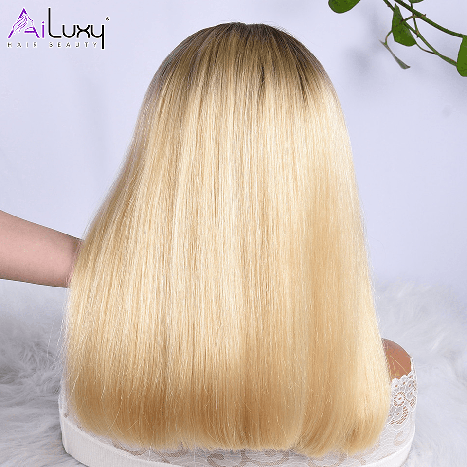 AILUXY 4x4 Lace Closure Blond Avec Racine Marron Lisse Courte Bob Perruque 100% Cheveux Humains