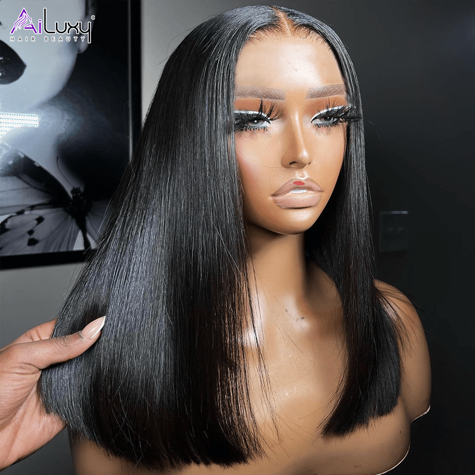 AILUXY Perruque Sans Colle 4x4 Lace Closure Perruque BOB Perruque Lisse 200% densité 100% Cheveux humains  comme sur la vidéo 2 - 3 jours reçus+Un beau cadeau