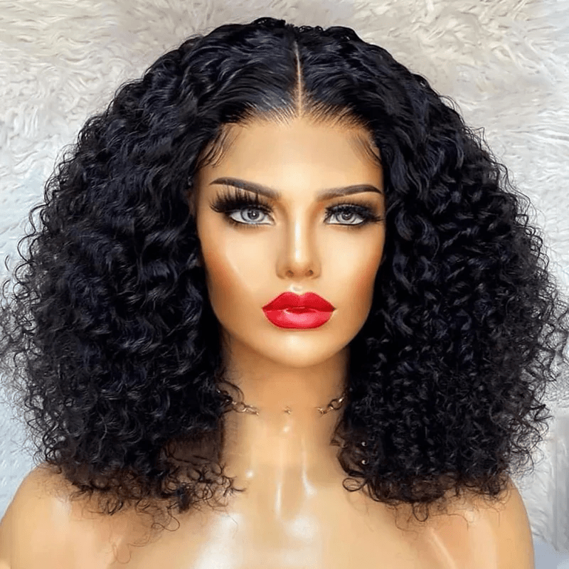 AILUXY Perruque Sans Colle 13x4 Lace Closure Perruque BOB Curly 200% densité 100% Cheveux humains comme sur la vidéo 2 - 3 jours reçus+Un beau cadeau