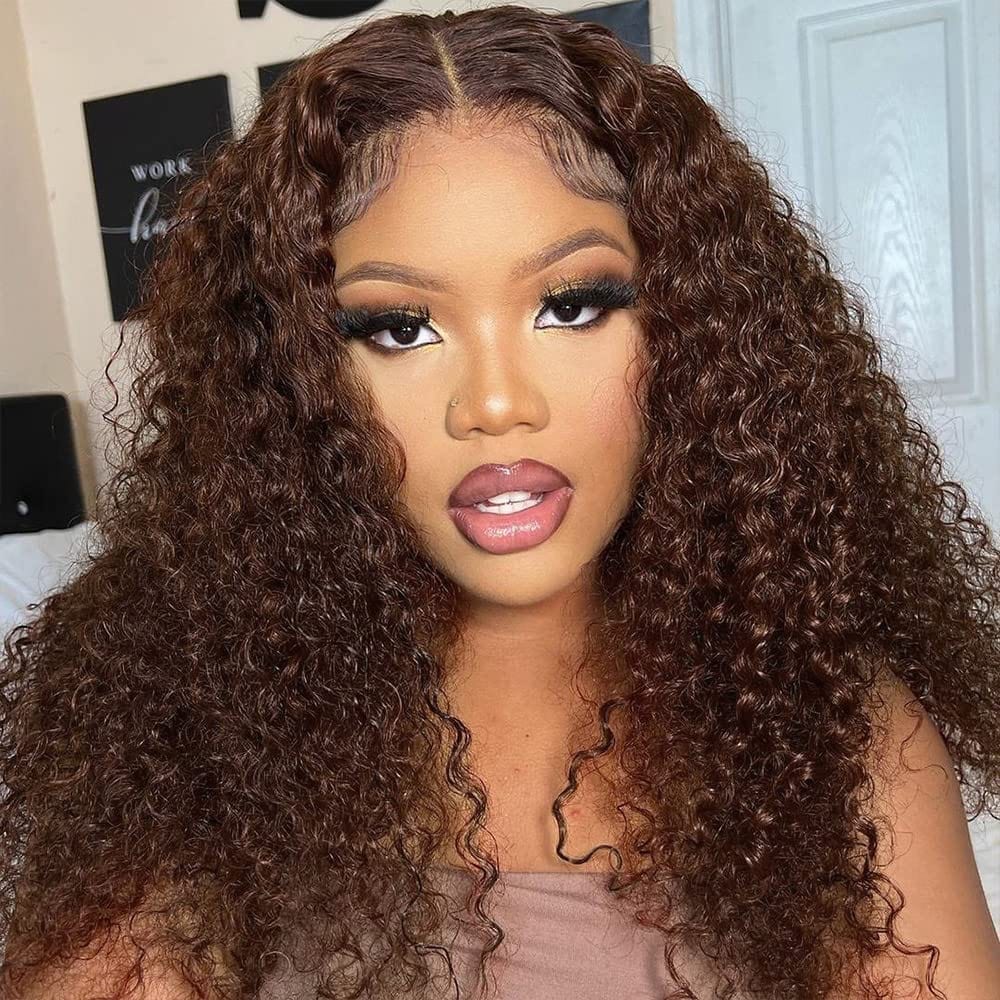 AILUXY 13x4 Lace Frontal Bouclé Marron Perruque 100% Cheveux Humains