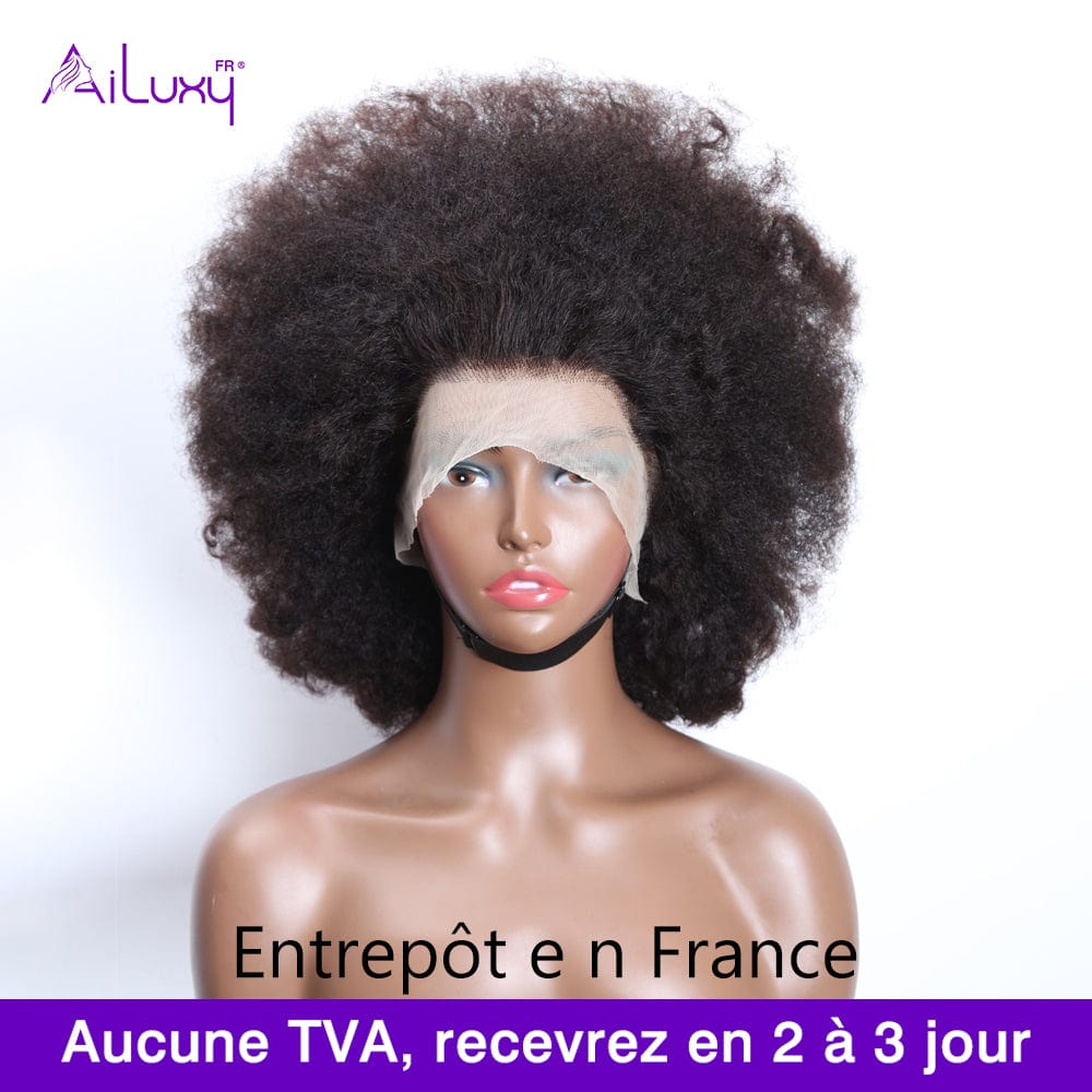 AILUXY  13x4 Lace Closure Perruque Bob Perruque Afro Curly Noir 100% Cheveux Humains