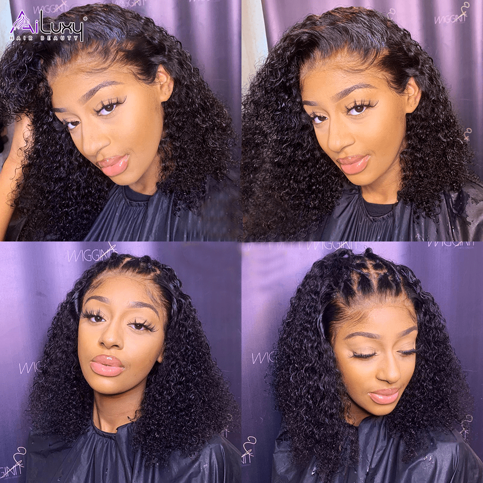 AILUXYhair 13x4 Lace Frontal Perruque Bouclée Bob Noir Perruque 200% densité 100% cheveux humains comme sur la vidéo 2 - 3 jours reçus+Un beau cadeau