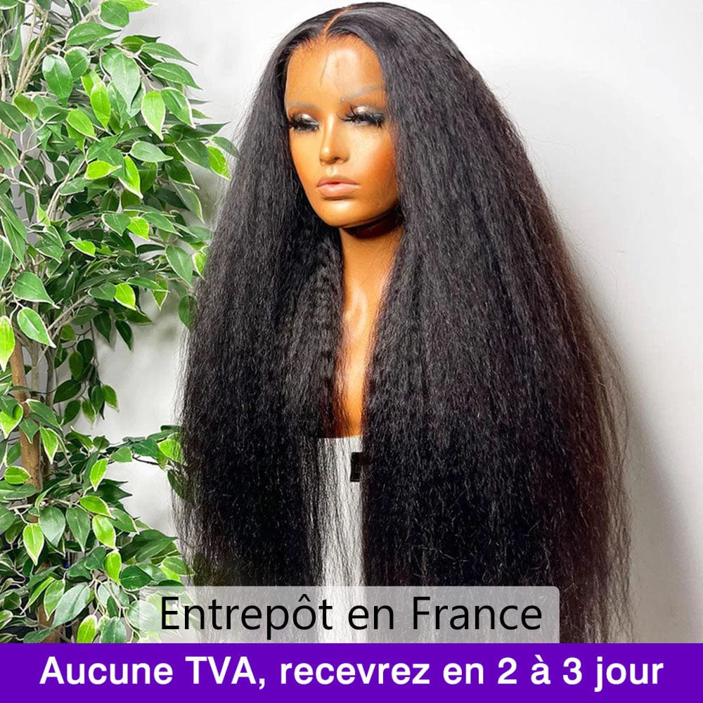 （En france）AILUXY 4x4 Lace Frontal 200%densité Perruque Kinky Lisse Perruque Longue Noir 100% Cheveux Humains comme sur la vidéo 2 - 3 jours reçus+Un beau cadeau