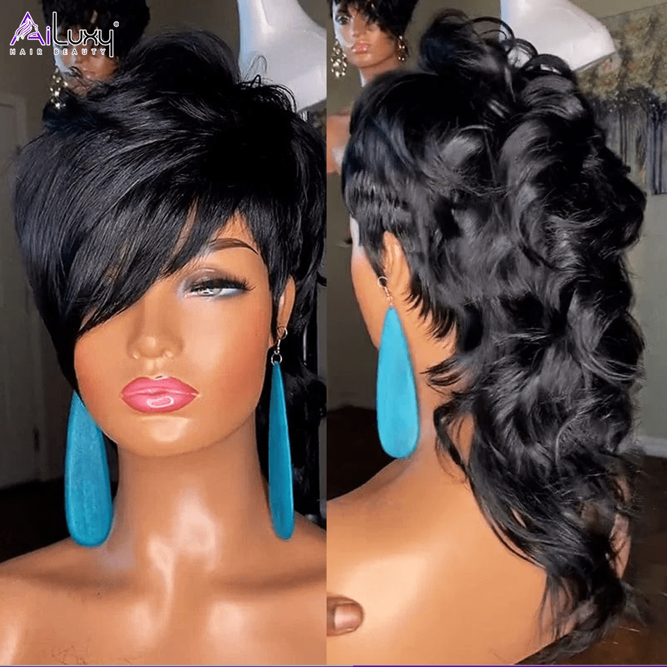 AILUXY Mulet Loose Wavy Perruque 12pouces Perruque 200% Densité Noir