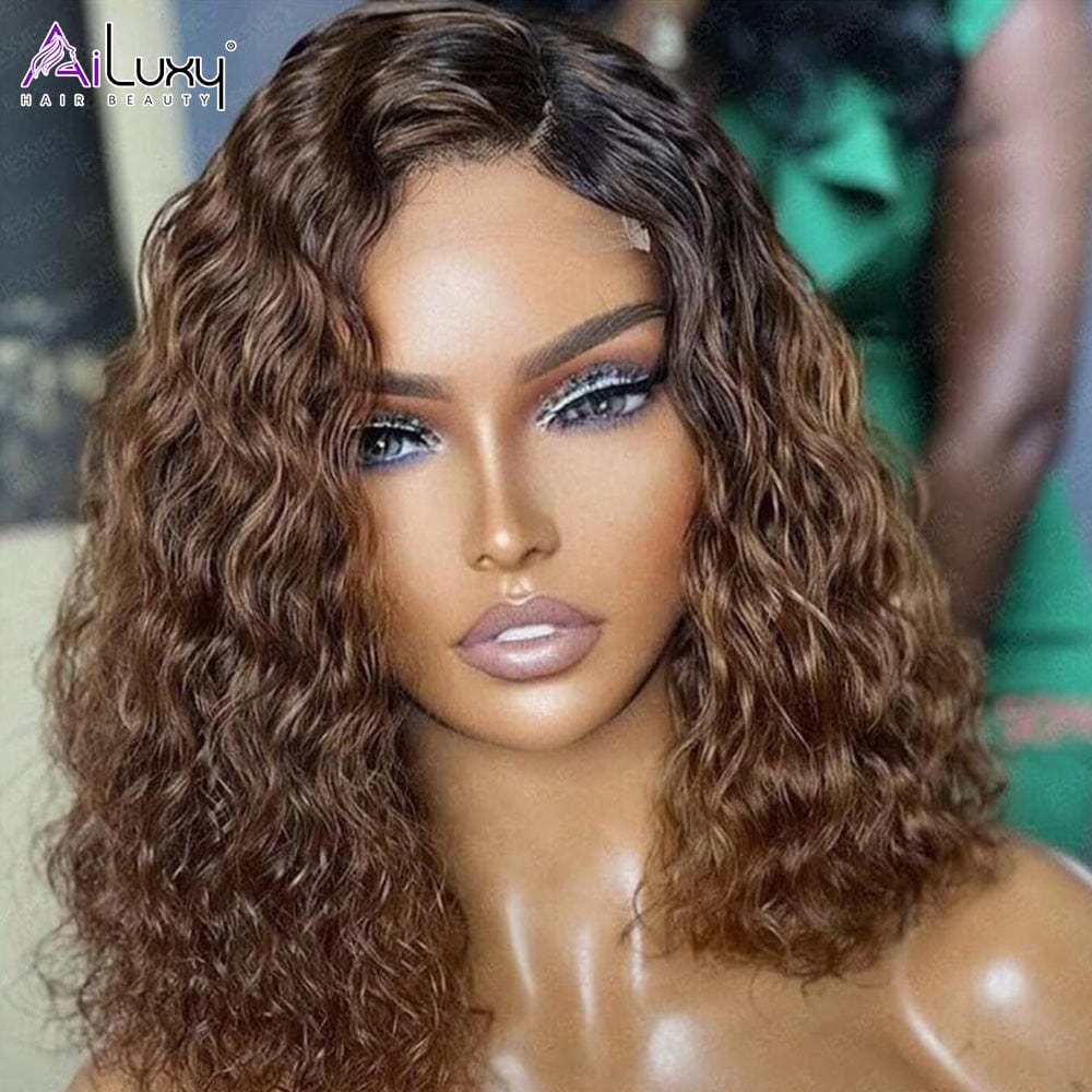 (Dernier Prix)AILUXY 5X5 Lace Closure Chocolat Brun 4/30# Deep Wave Courte Perruque 100% Cheveux Humains