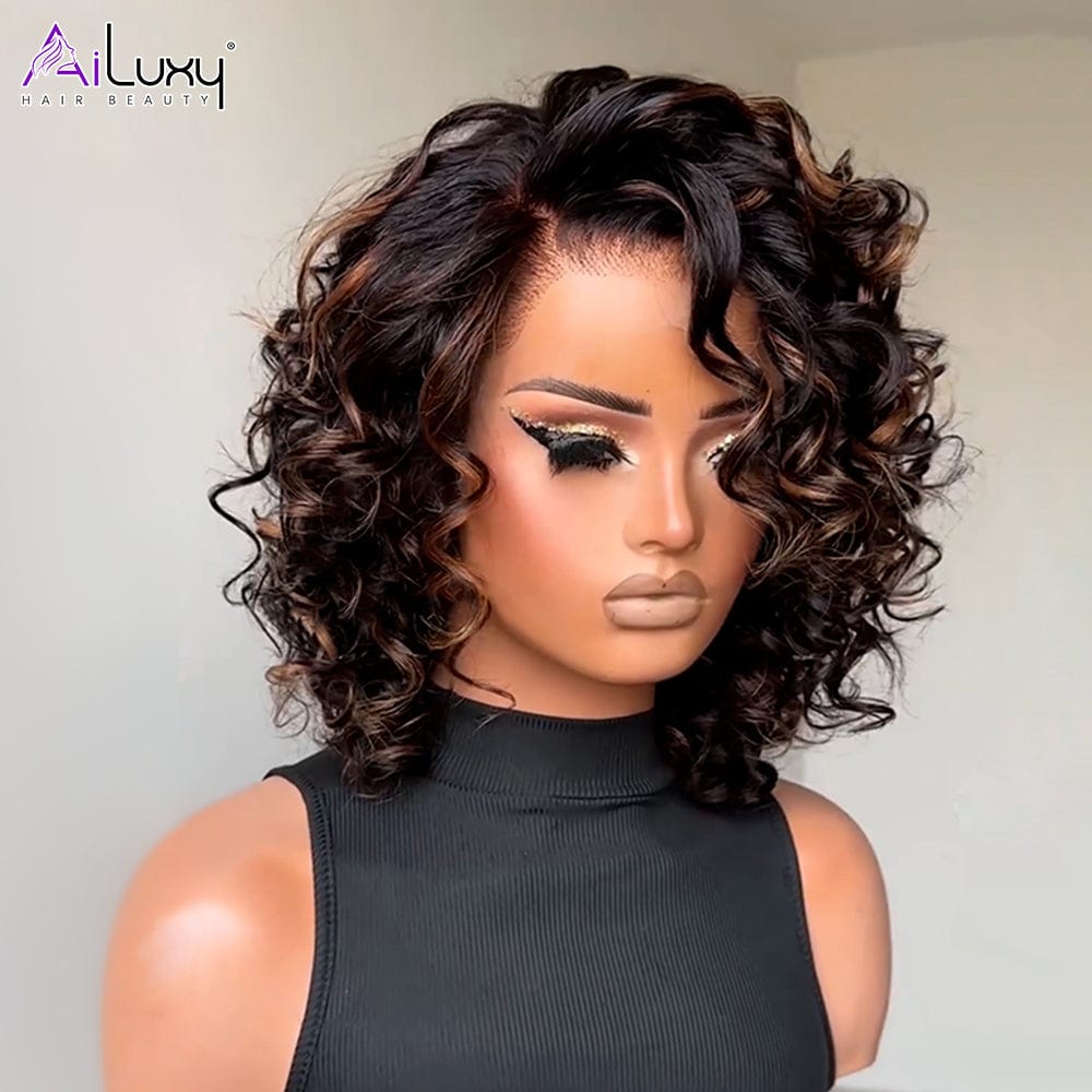 (Dernier Prix) AILUXY Perruque 13x4 Lace Closure Perruque BOB Curly 200% densité 100% Cheveux humains comme sur la vidéo 2 - 3 jours reçus+Un beau cadeau