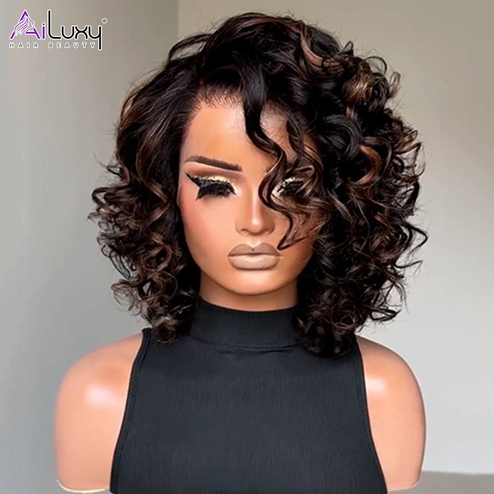 (Dernier Prix) AILUXY Perruque 13x4 Lace Closure Perruque BOB Curly 200% densité 100% Cheveux humains comme sur la vidéo 2 - 3 jours reçus+Un beau cadeau