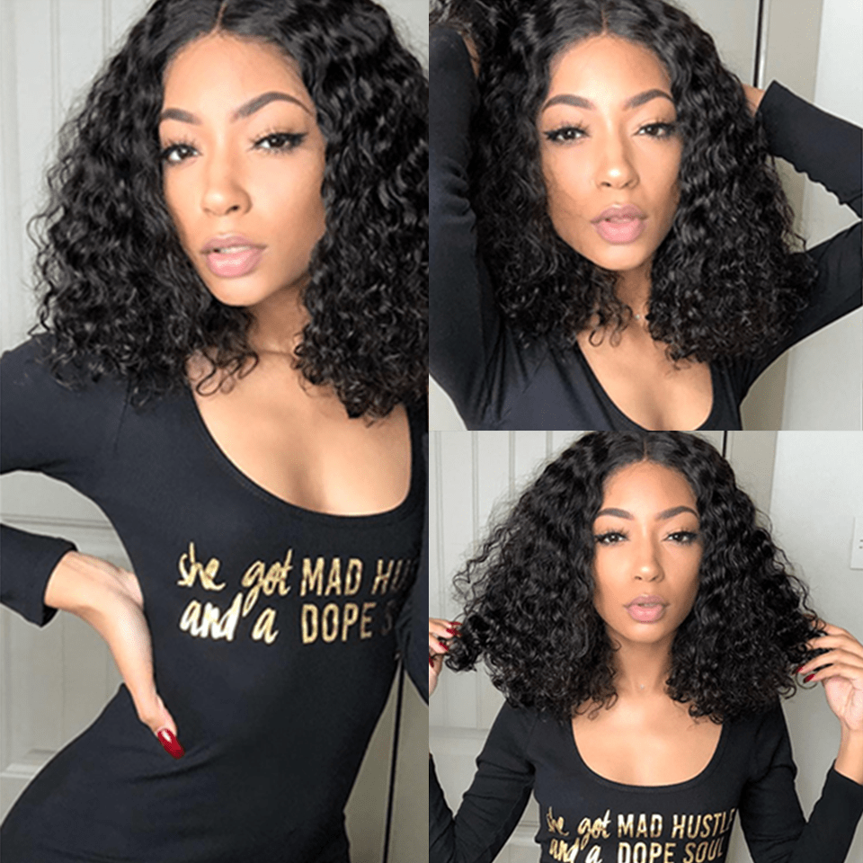 AILUXY 4x4 Lace Closure Perruque Deep Wave Courte Couleur Naturelle 250% densité 100% cheveux humains