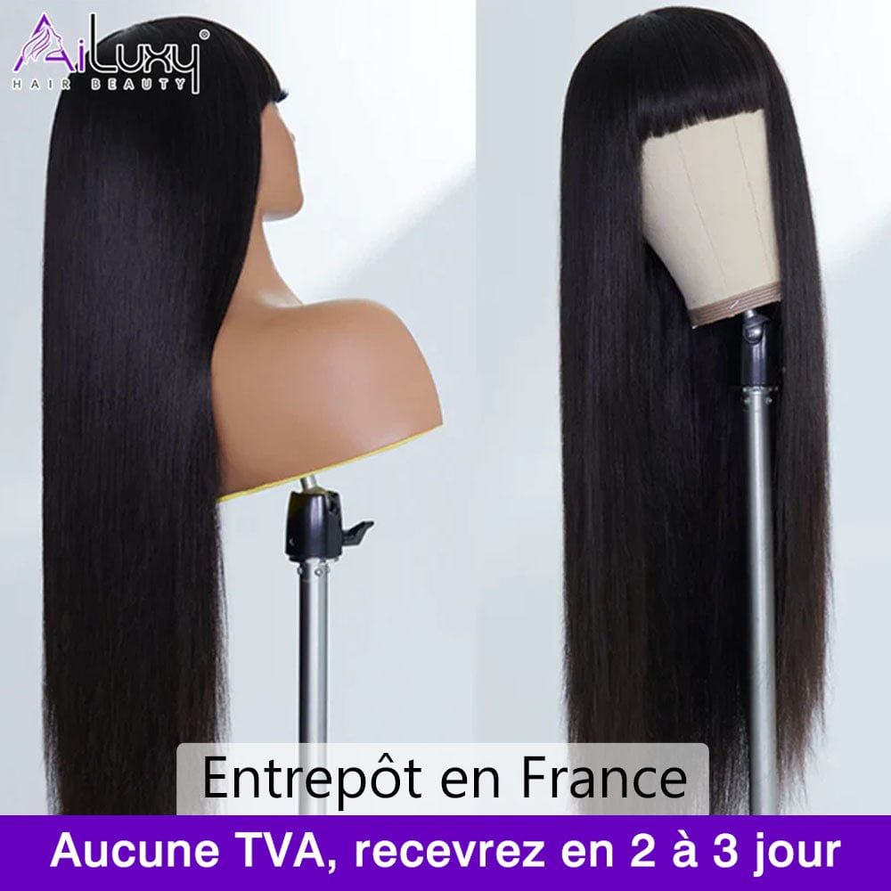 (En France)AILUXY Perruque 100% fabriqué à la machine Lisse Longue Noir Perruque 100% Cheveux Humains