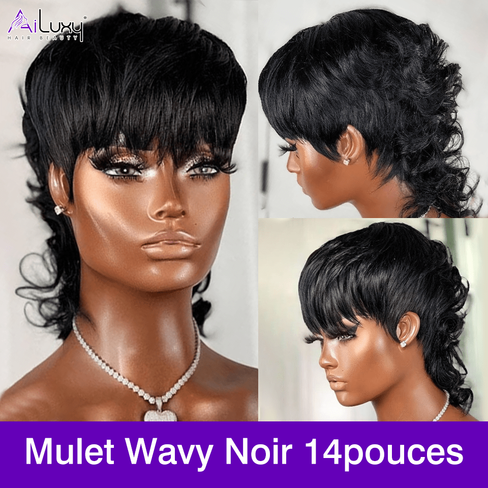 AILUXY Mulet Wavy Perruque 14pouces Perruque 200% Densité Noir