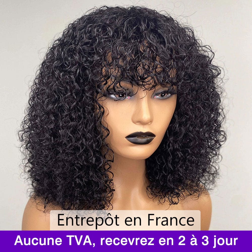 AILUXY Bouclé Noir Bob Perruque Avec Frange Fabriquée à la Machine 100% Cheveux Humains  comme sur la vidéo 2 - 3 jours reçus+Un beau cadeau