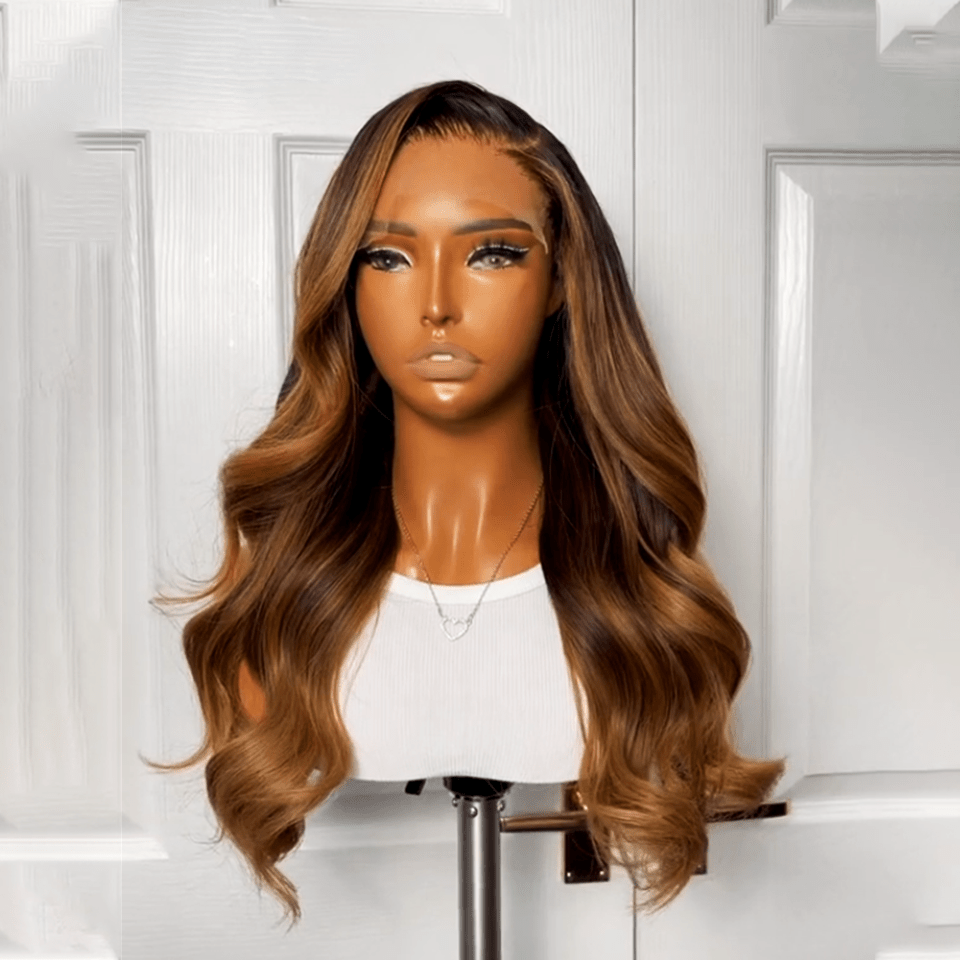 AILUXY 13x4 Lace Frontal Brun Balayage Miel #30#27 Body Wave Longue Perruque 100% Cheveux Humains