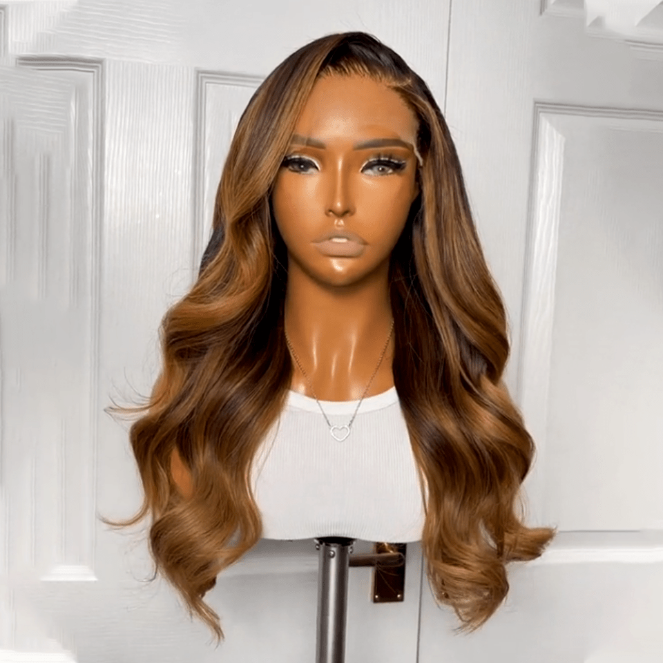 AILUXY 13x4 Lace Frontal Brun Balayage Miel #30#27 Body Wave Longue Perruque 100% Cheveux Humains