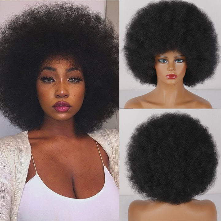 AILUXY Afro Curl Noir Courte Perruque 100% Cheveux Humains