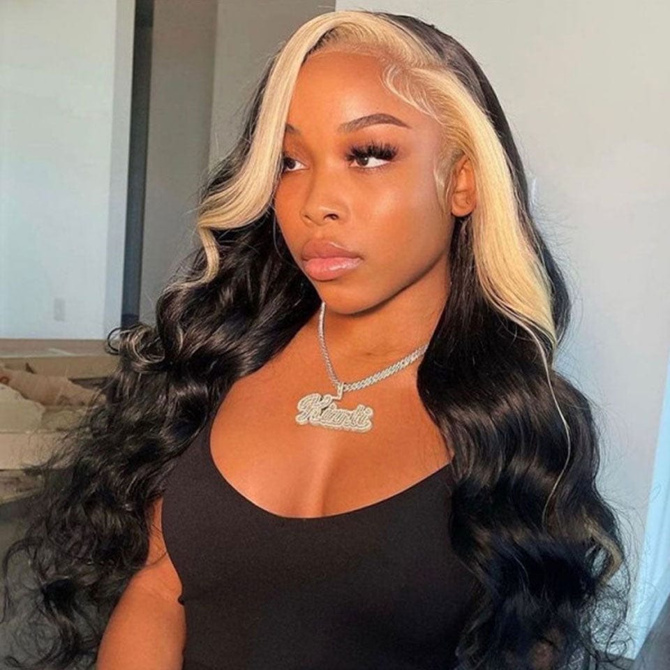 AILUXY 13x4 Lace Frontal Noir Avec Blond Highlights Body Wave Longue Perruque 100% Cheveux Humains