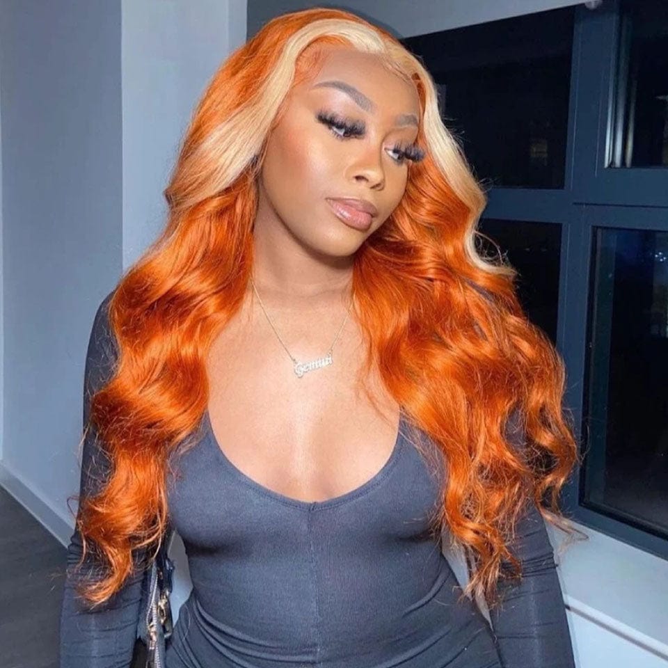 AILUXY 13x4 Lace Frontal Orange Avec Blond Highlights Body Wave Longue Perruque 100% Cheveux Humains