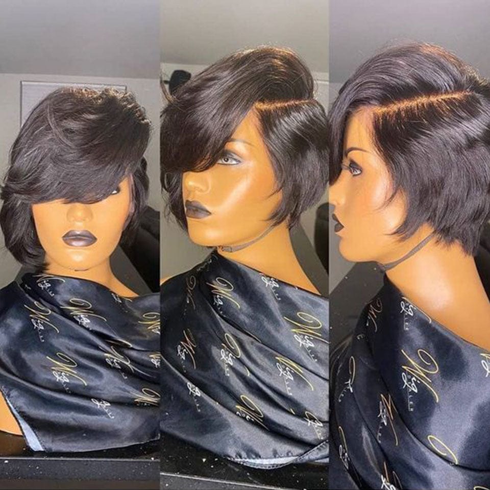 AILUXY Lisse Noir Pixie Cut Perruque Fabriquée à la Machine 100% Cheveux Humains (HC-9188)