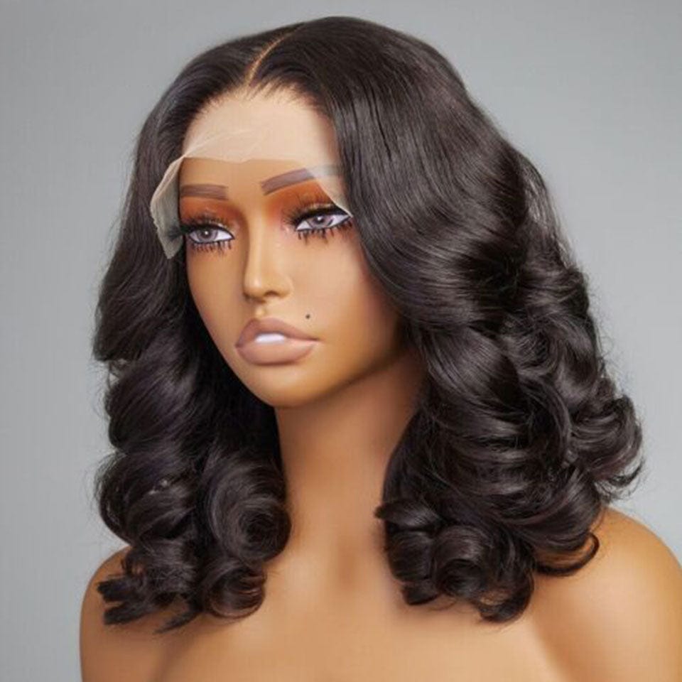 AILUXY 13x4 Lace Frontal Perruque Loose Wave Noir Courte Bob Perruque 250% Densité 100% Cheveux Humains