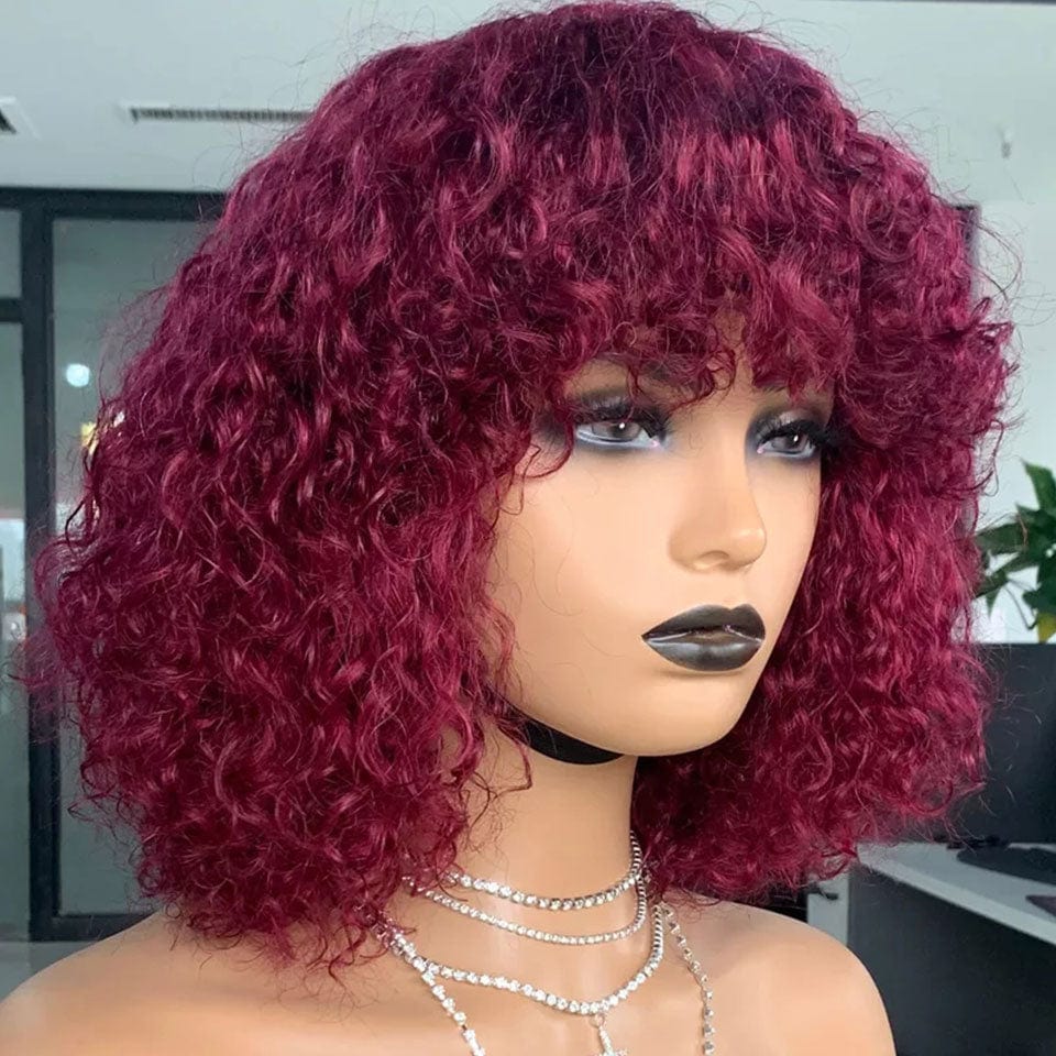 AILUXY Deep Wave Rouge Foncé 99J Bob Perruque Avec Frange Fabriquée À La Machine