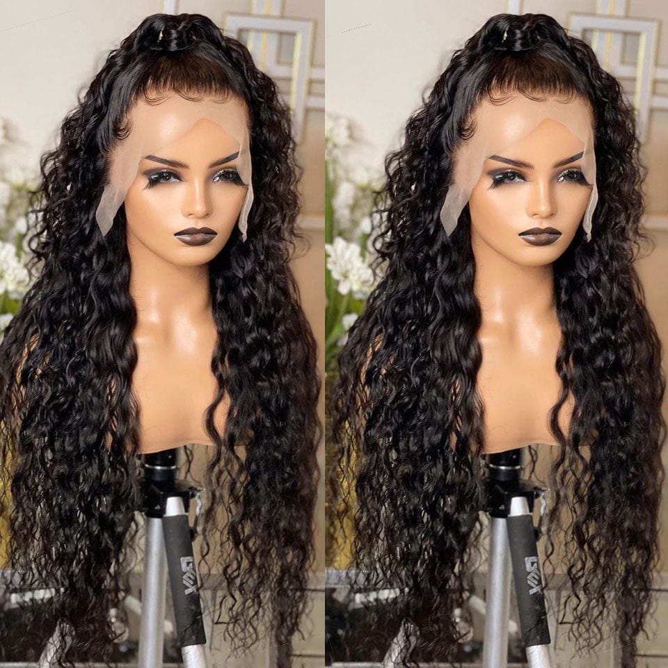 AILUXY 13x4 Lace Frontal Perruque Water Wave Longue Noir 250% Densité 100% Cheveux Humains