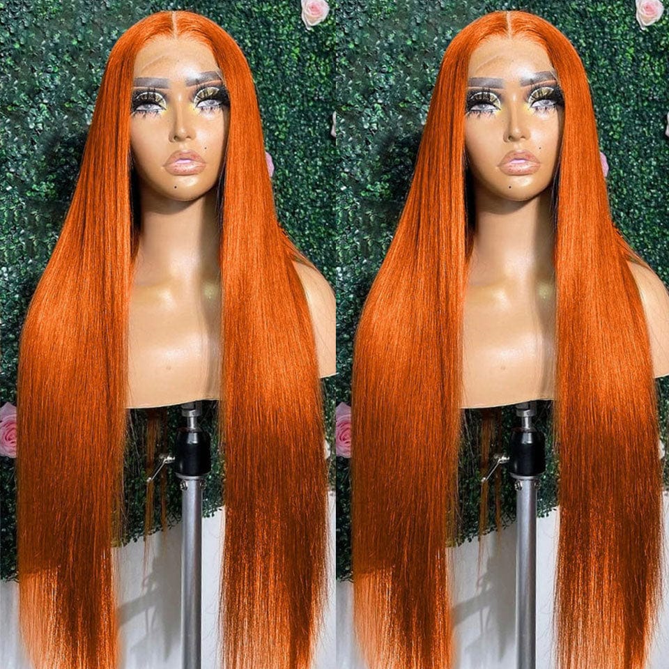 AILUXY 13x4 Lace Frontal Perruque Orange Lisse Longue Perruque 200% Densité 100% Cheveux Humains