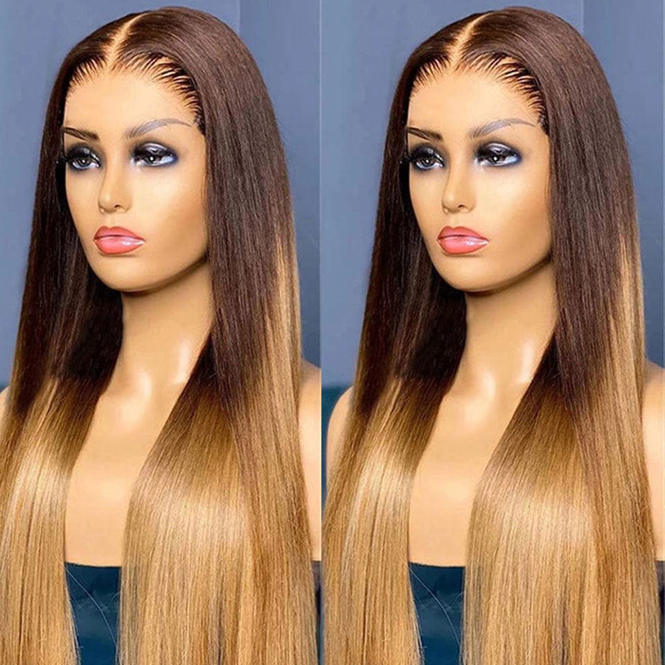 AILUXY 13x4 Lace Frontal Brun Aux Reflets Blonds #4#27 Lisse Longue Perruque 100% Cheveux Humains