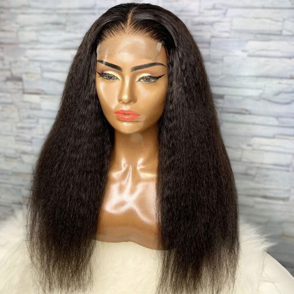 AILUXY 4x4 Lace Closure Perruque Kinky Lisse Longue Couleur naturelle 200% densité 100% cheveux humains