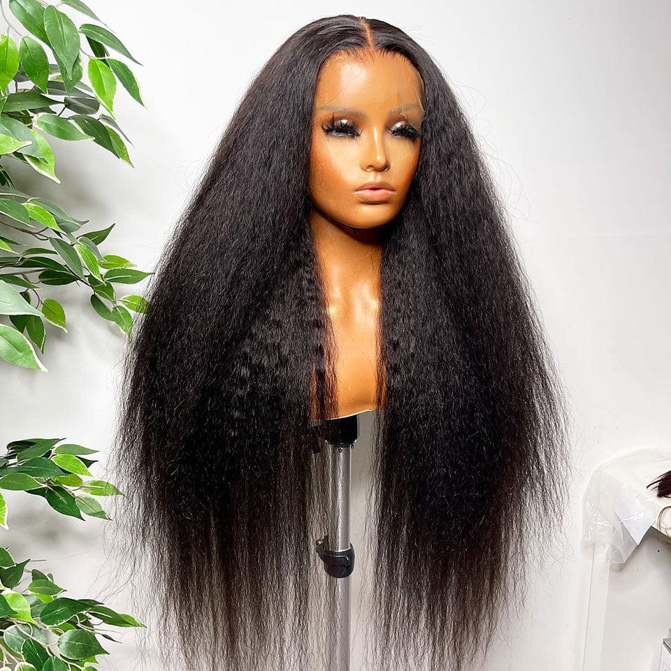 （En france）AILUXY 4x4 Lace Frontal 200%densité Perruque Kinky Lisse Perruque Longue Noir 100% Cheveux Humains comme sur la vidéo 2 - 3 jours reçus+Un beau cadeau