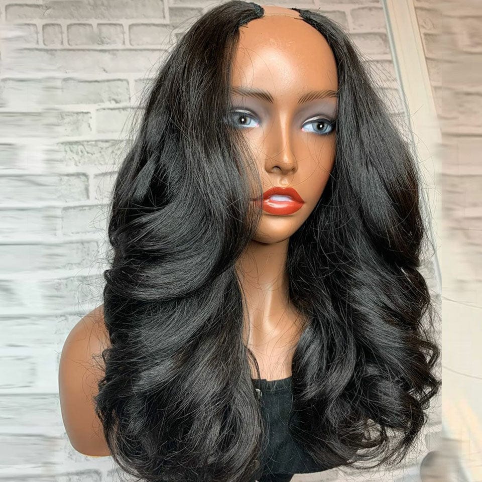 AILUXY U Part Lace perruque Body Wave Noir Longue Perruque 100% Cheveux Humains