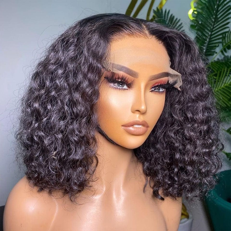 AILUXY 4x4 Lace Closure Perruque Deep Wave Courte Couleur Naturelle 250% densité 100% cheveux humains