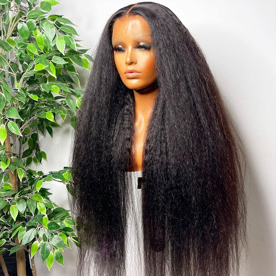 （En france）AILUXY 4x4 Lace Frontal 200%densité Perruque Kinky Lisse Perruque Longue Noir 100% Cheveux Humains comme sur la vidéo 2 - 3 jours reçus+Un beau cadeau