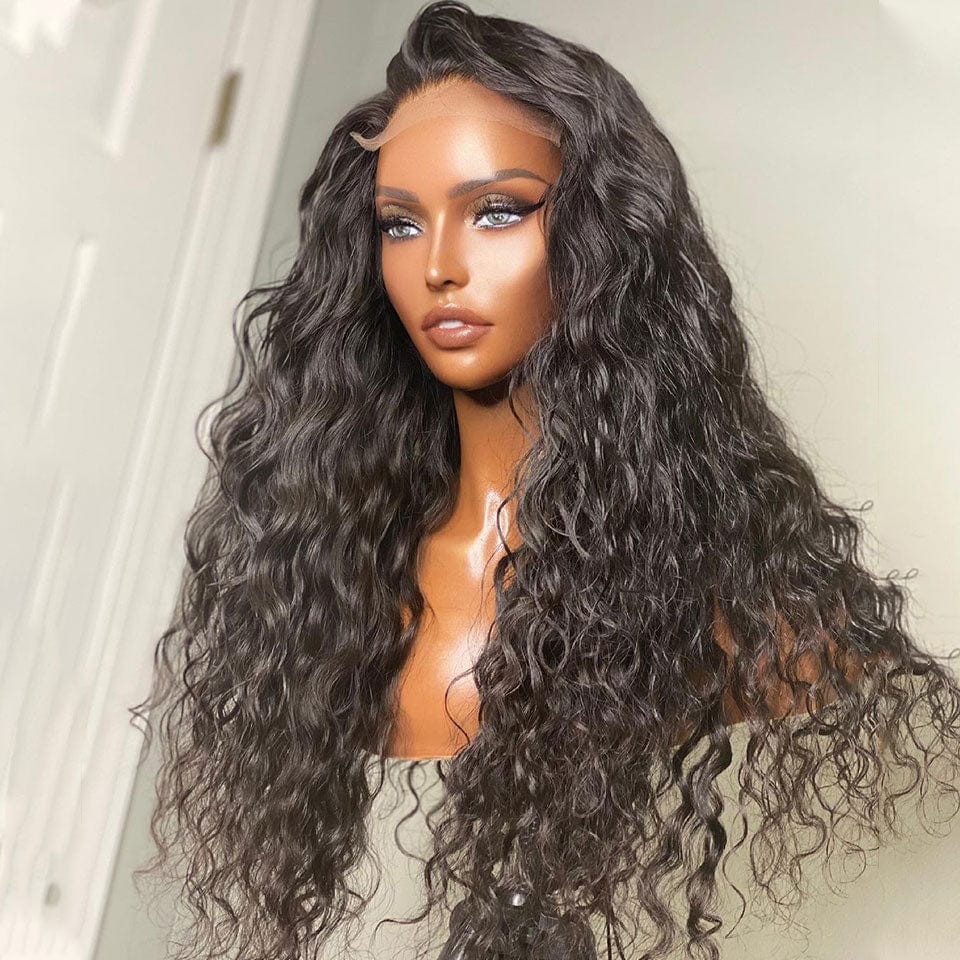 AILUXY 4x4 Lace Closure Perruque Water Wave Longue Couleur Naturelle 250% densité 100% cheveux humains