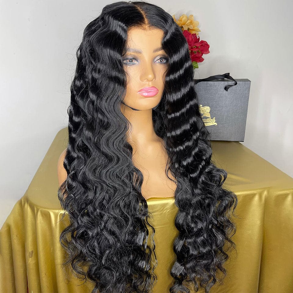 AILUXY 4x4 HD Lace Closure Perruque Natural Wave Noir Longue 100% cheveux humains