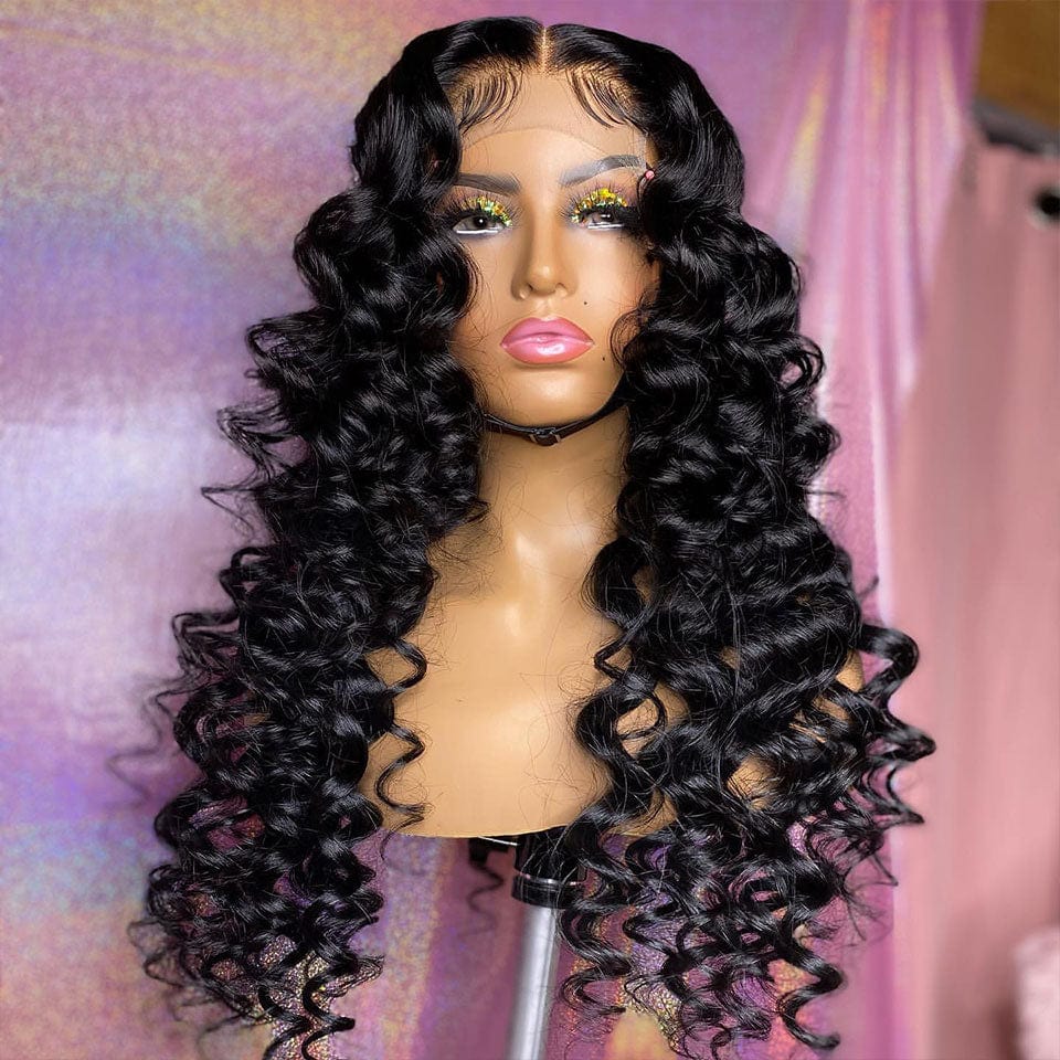 AILUXY 4x4 Lace Closure Perruque Loose Wave Longue Noir 250% densité 100% cheveux humains