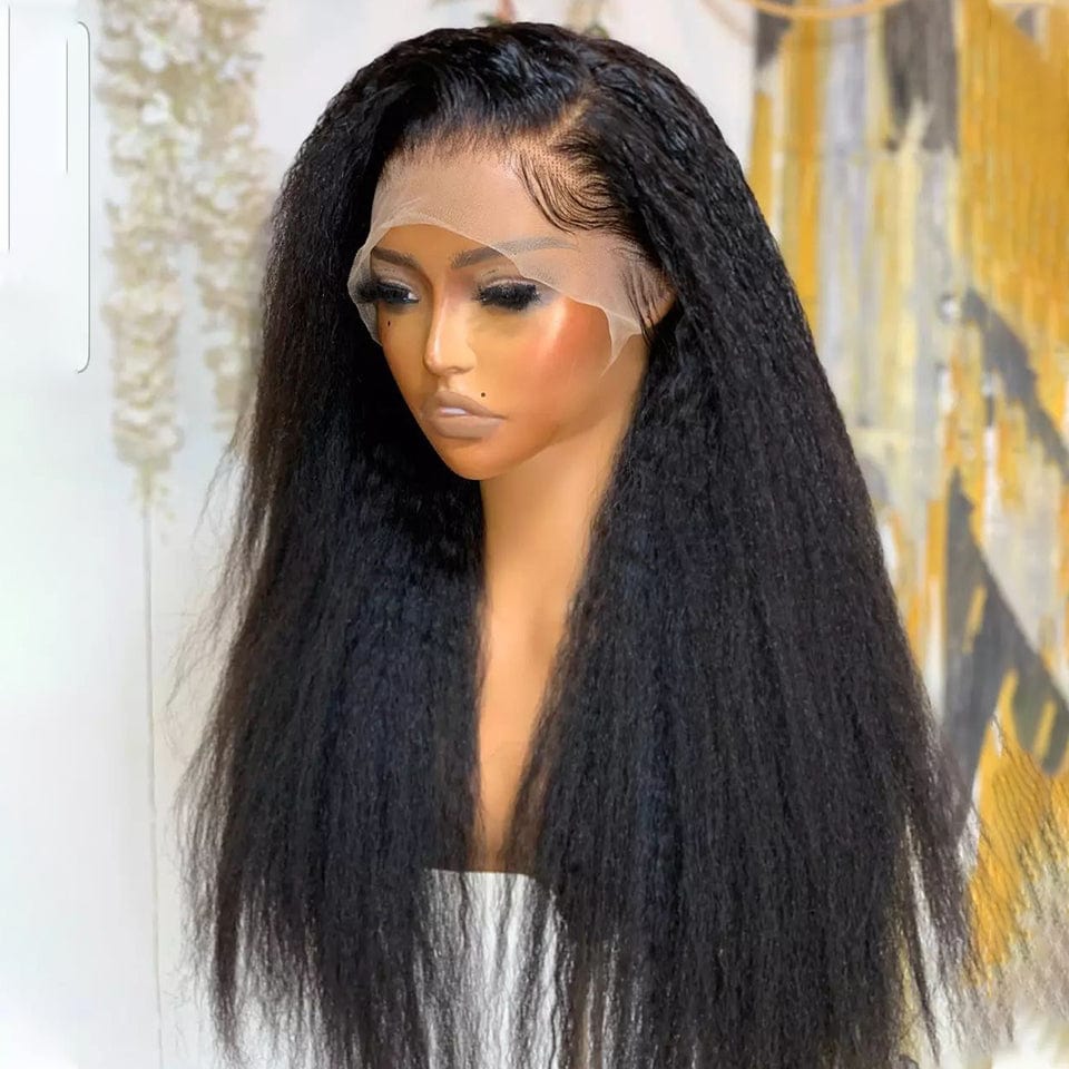 AILUXY 13x4 Lace Frontal Perruque Kinky Lisse Longue Noir 250% Densité 100% Cheveux Humains