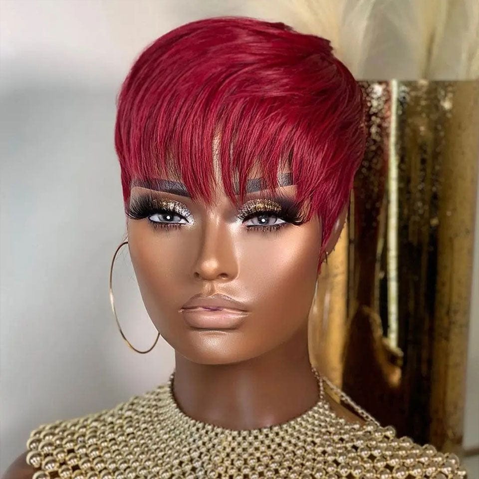 AILUXY 99J Rouge Foncé Lisse Pixie perruque 100% Cheveux Humains