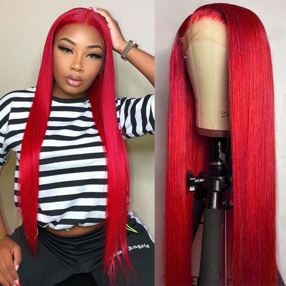 AILUXY 13x4 Lace Frontal Perruque Rouge Lisse Longue Perruque 200% Densité 100% Cheveux Humains