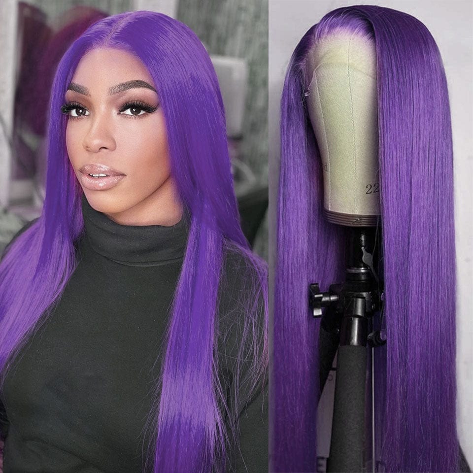 AILUXY 13x4 Lace Frontal Perruque Violet Lisse Longue Perruque 200% Densité 100% Cheveux Humains