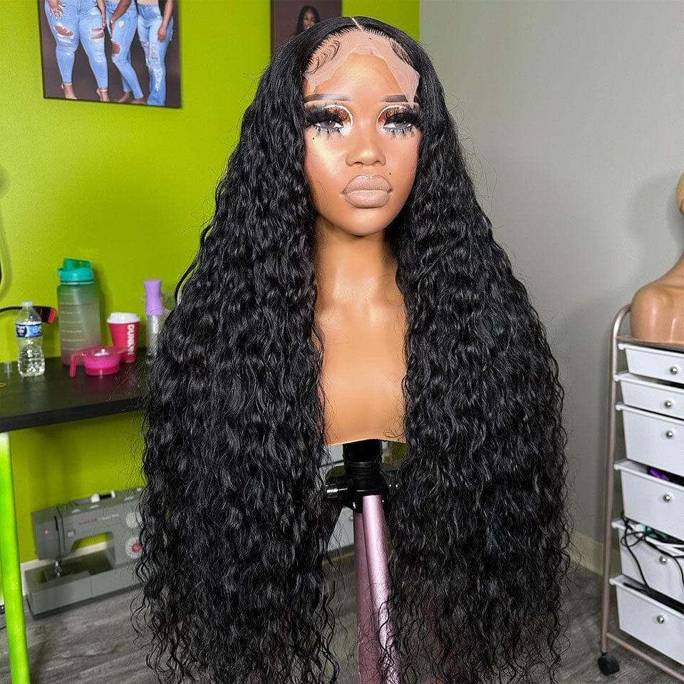 AILUXY 4x4 Lace Closure Perruque Water Wave Longue Couleur Naturelle 250% densité 100% cheveux humains