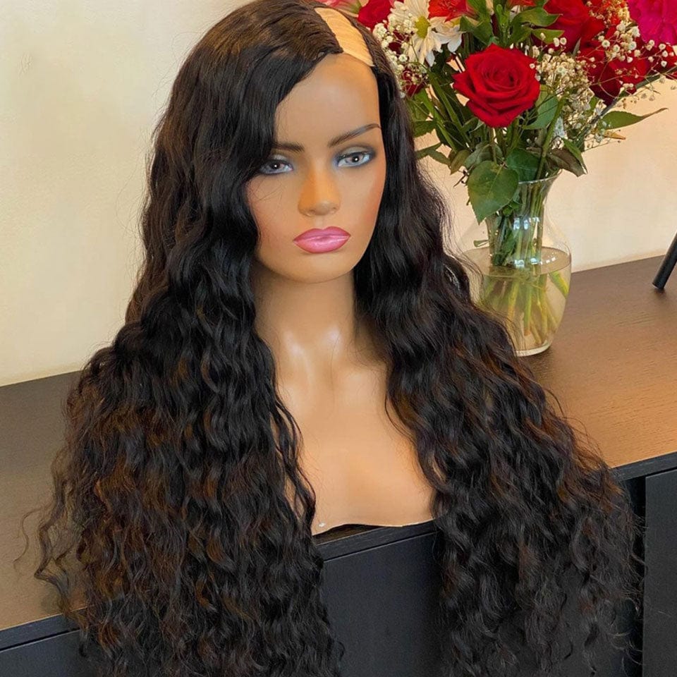 AILUXY U Part Lace Perruque Water Wave Longue Noir Perruque 100% Cheveux Humains