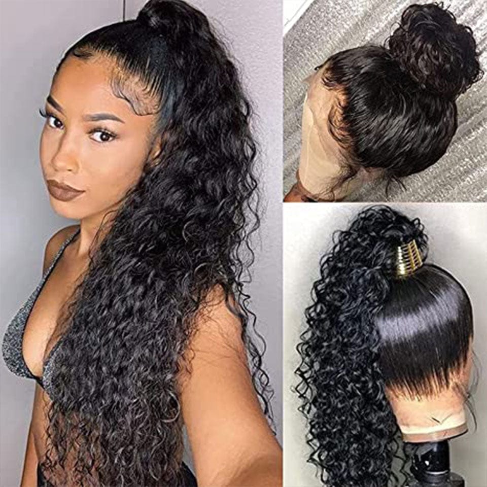 AILUXY 360 Lace Frontal Perruque Water Wave Longue Noir 100% cheveux humains