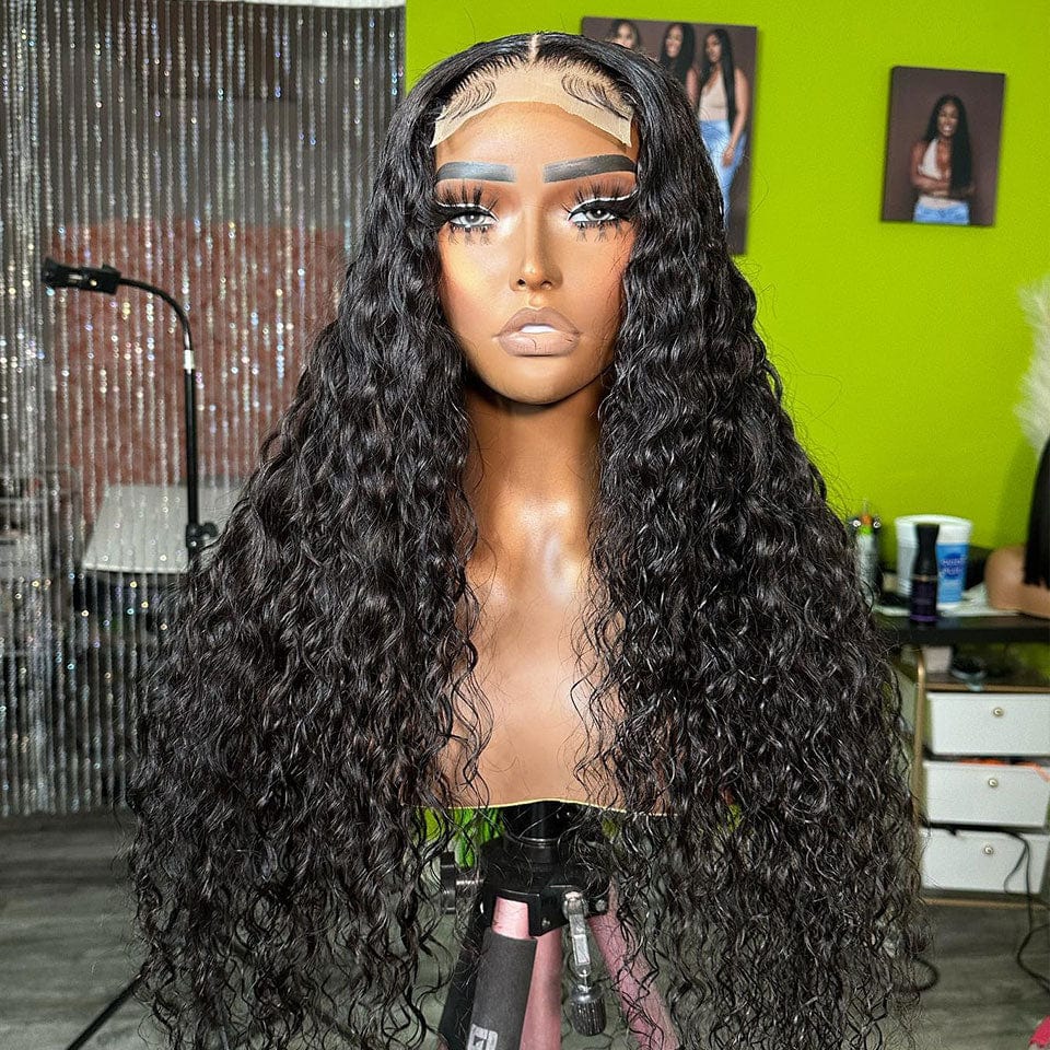 AILUXY 4x4 Lace Closure Perruque Water Wave Longue Noir 200% densité 100% cheveux humains