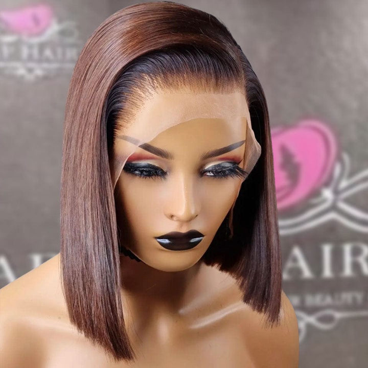 AILUXY 13x4 Lace Frontal Bob Perruque Maron Avec Racine Noire Lisse Courte Perruque 100% Cheveux Humains