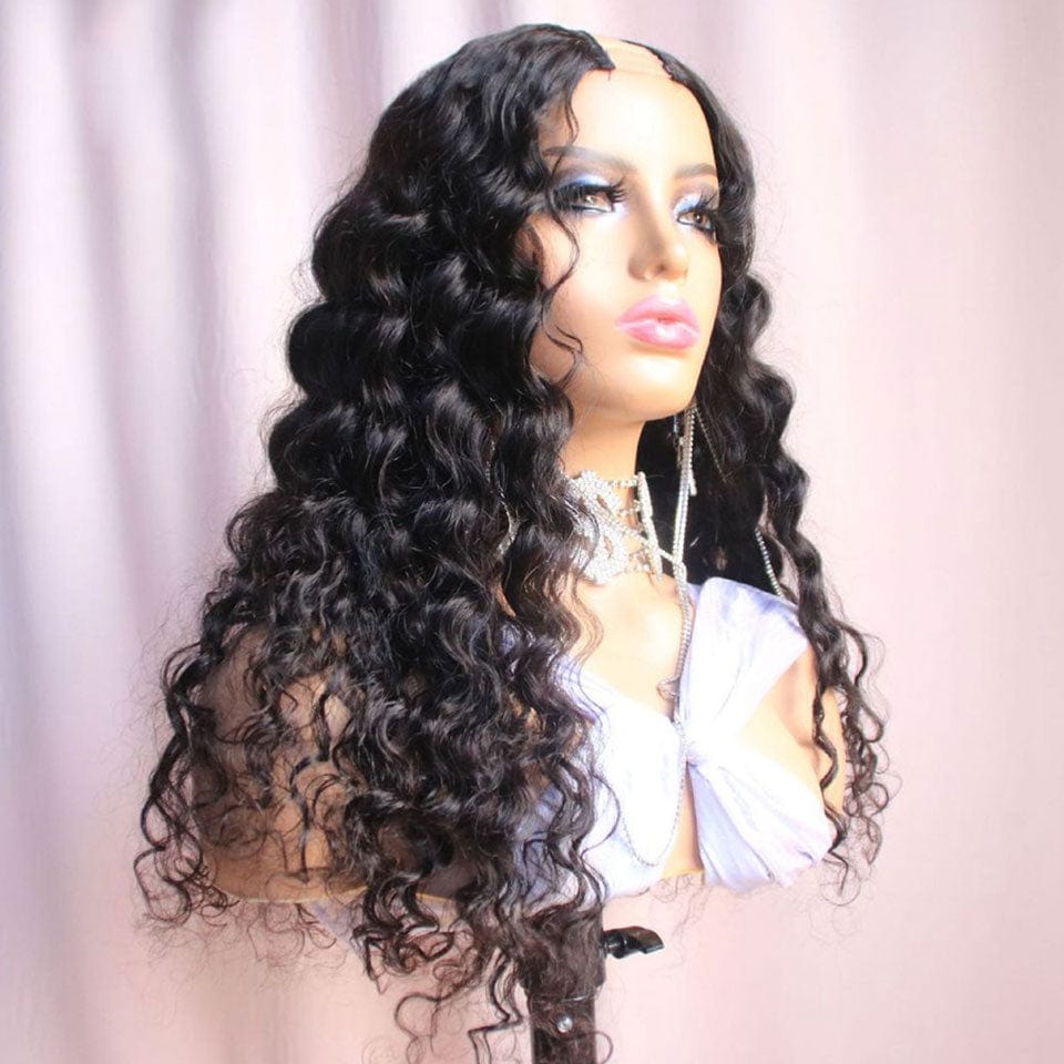 AILUXY U Part Lace Perruque Deep Wave Noir Longue 100% Cheveux Humains