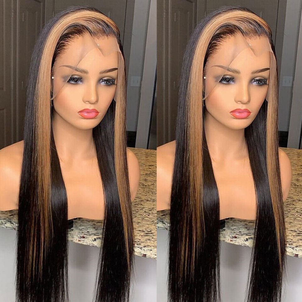 AILUXY 13x4 Lace Frontal Lisse Noir Avec Hightlights Brun Longue Perruque 100% Cheveux Humains