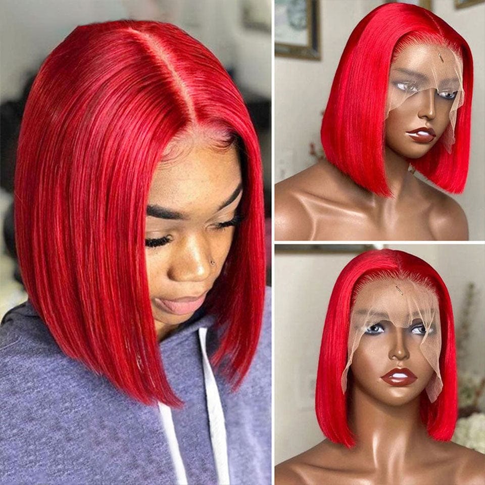 AILUXY 13x4 Lace Frontal Lisse Rouge Bob Perruque Coupe Carrée 100% Cheveux Humains